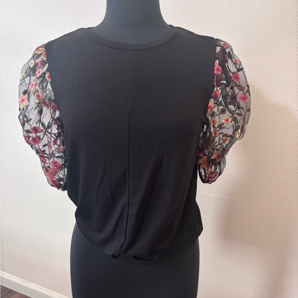 Black Short Sleeve Top with Embroidered Puff Sleeves